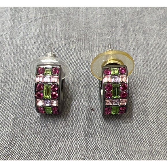 Women Signed Givenchy Earrings, Pewter Tone Rhinestone J Hoop Huggie, Piercing - Picture 4 of 9